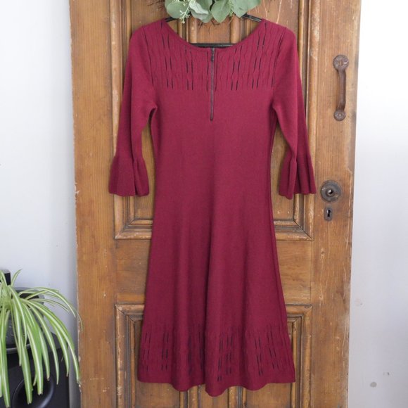 Nic & Zoe Burgundy Illusion Twirl Knit Sweater Dress Womens Size XS Bell Sleeves - Picture 9 of 15